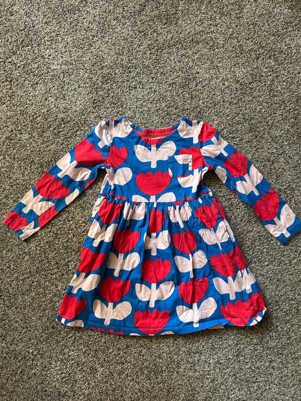 Mini Boden Blue Long-Sleeve Dress with Red and Cream Heart Print
